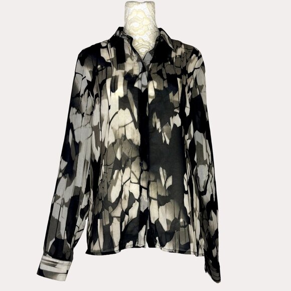 Calvin Klein Sheer Chiffon Button Front Blouse Top Abstract 28/38 S? am - Picture 1 of 6